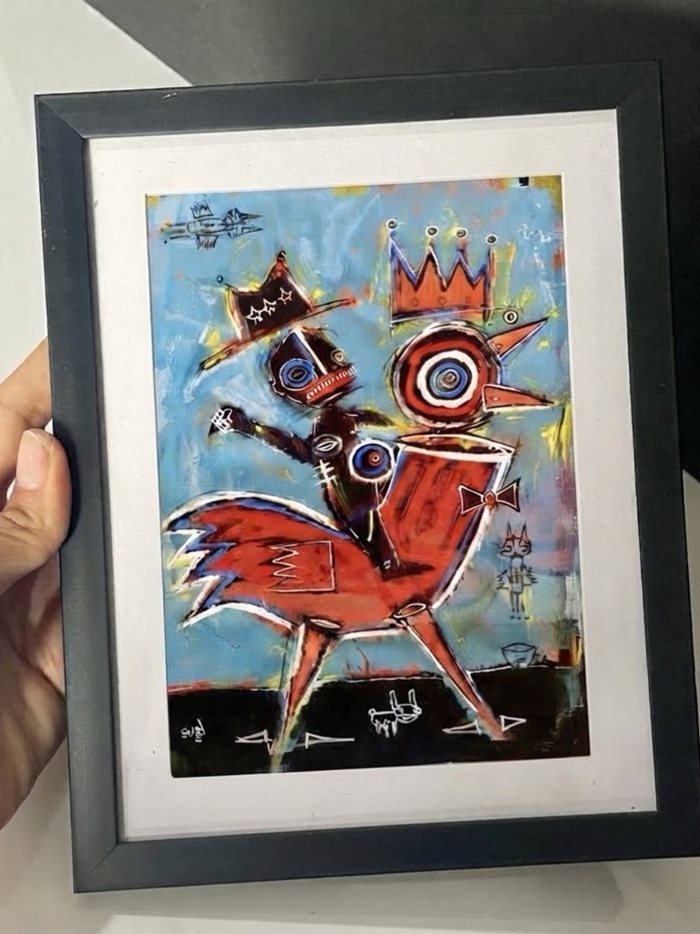 Framed Abstract Art Print – Basquiat-Style Figure Riding Red Bird